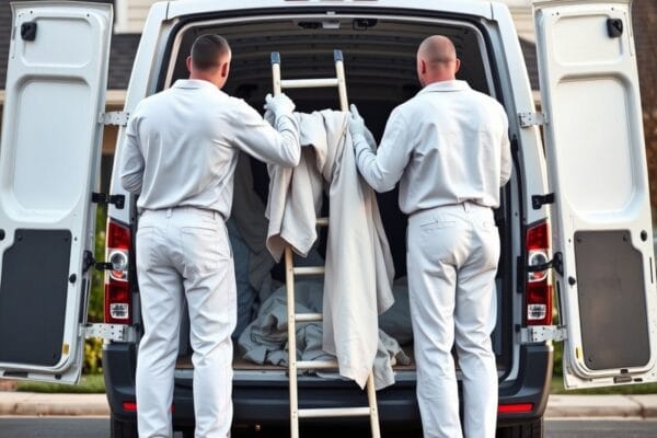 Two house painters in white work clothes unloading a stepladder and drop cloths from the back of a white van outside a house