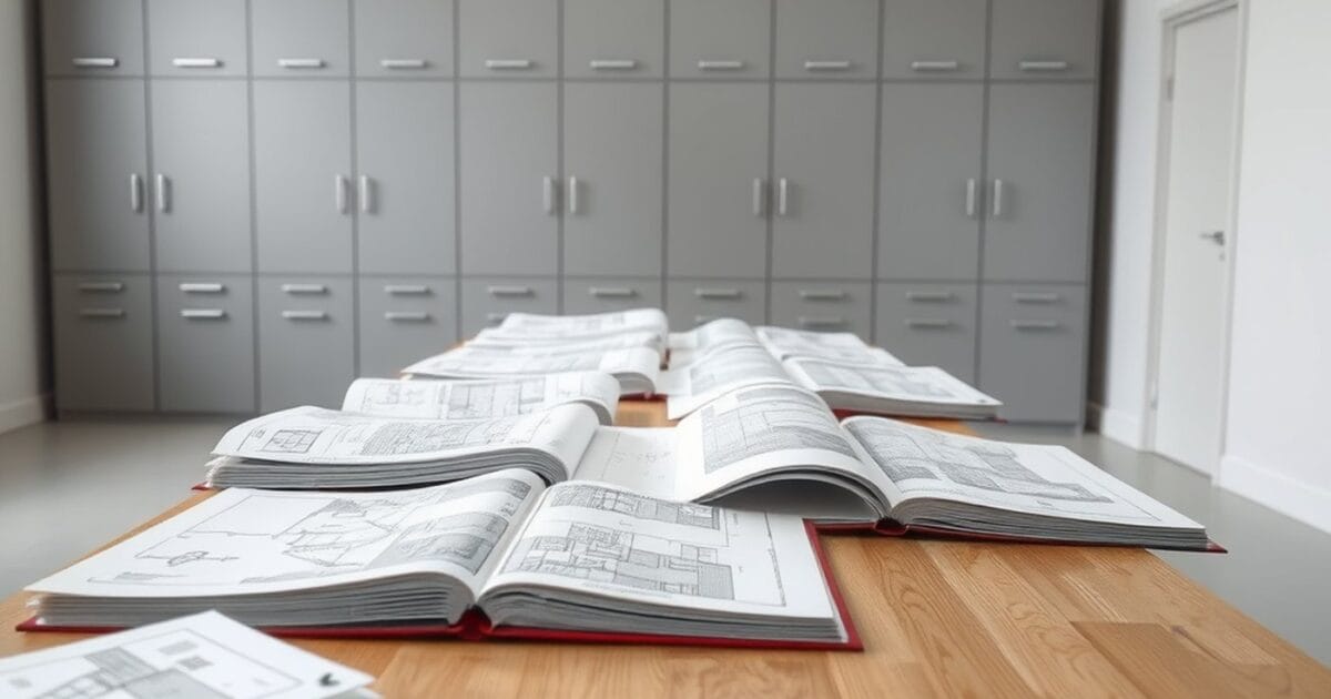 Bound sets of construction drawings lying open along a wooden table in front of grey cabinets