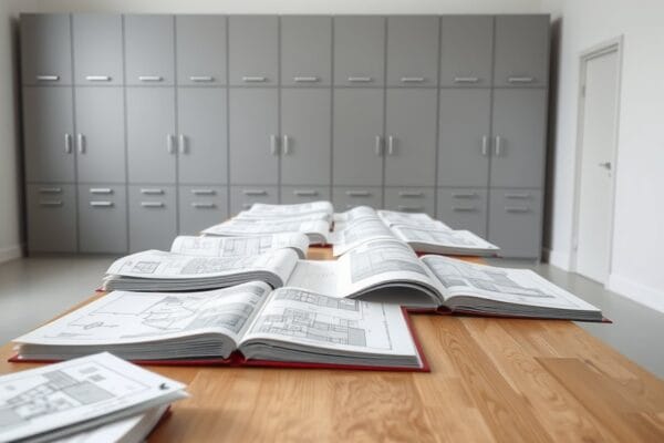 Bound sets of construction drawings lying open along a wooden table in front of grey cabinets