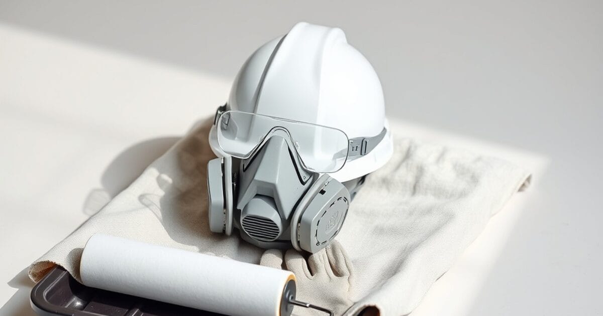 A white hard hat, safety glasses, a half face respirator and gloves laid on a canvas drop cloth beside a paint roller