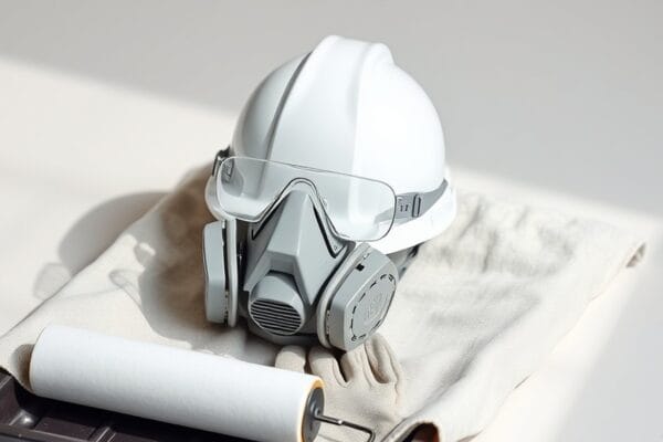 A white hard hat, safety glasses, a half face respirator and gloves laid on a canvas drop cloth beside a paint roller