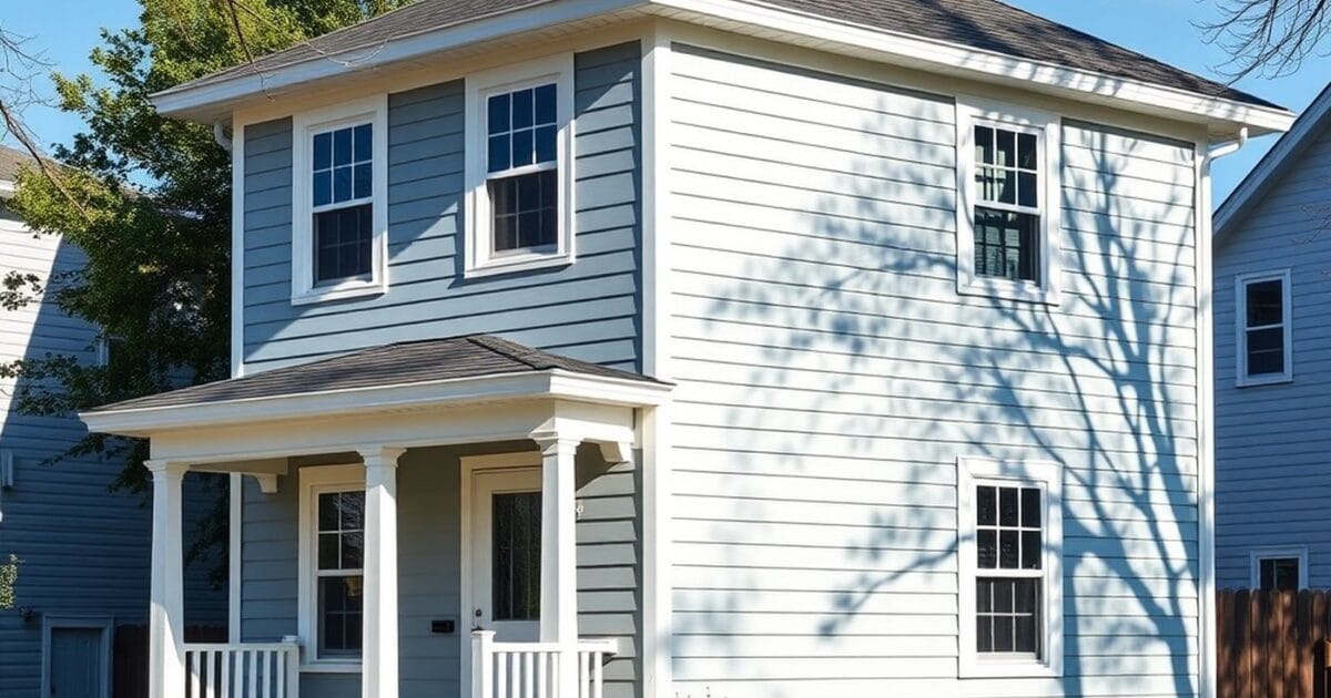 A freshly painted two story house with blue grey siding and crisp white trim on a sunny afternoon