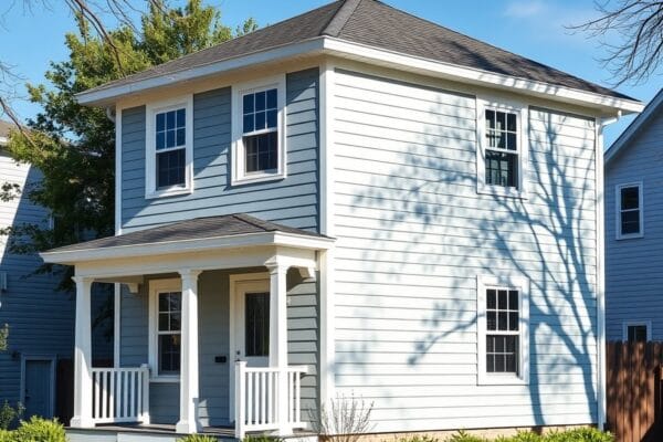 A freshly painted two story house with blue grey siding and crisp white trim on a sunny afternoon
