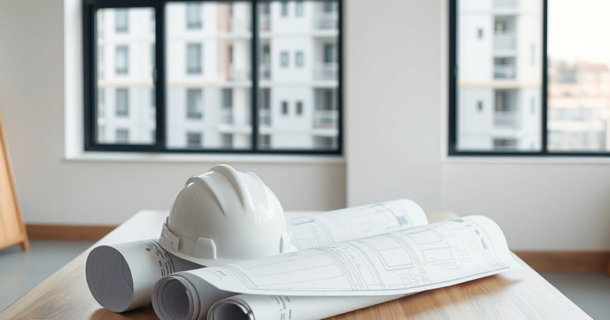Rolled architectural drawings and a white hard hat on a wooden table by a site office window