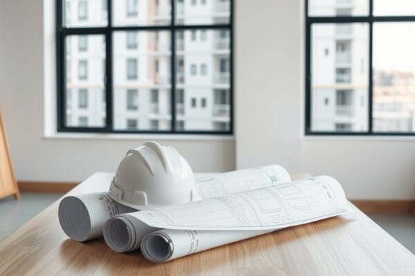 Rolled architectural drawings and a white hard hat on a wooden table by a site office window
