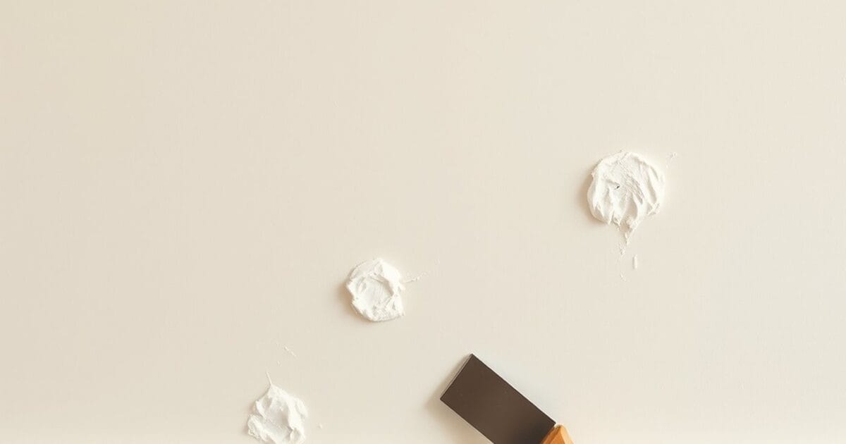 Filled nail holes on a pale interior wall with a putty knife resting on the baseboard