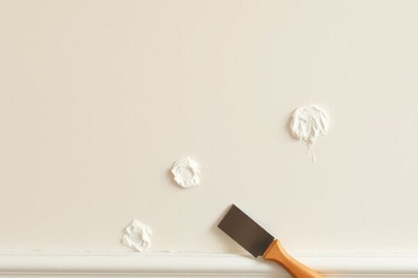 Filled nail holes on a pale interior wall with a putty knife resting on the baseboard